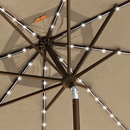 EliteShade USA 10-Year-Non-Fading 9ft 3-Tier Market Patio Umbrella, Commercial Table Umbrella with 80 Solar LED Lights, Crank Open, Windproof & UPF 50+ UV Protection for Garden, Deck, Pool, Backyard, Heather Beige