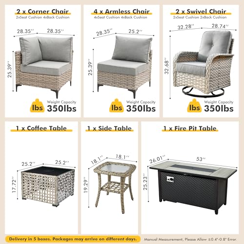 Outdoor Sectional Patio Furniture Set with Fire Pit Table and Swivel Rocking Chairs,11 Pieces Wicker Conversation Sets L Shaped Couch Out Door Sofa Outside Furniture for Garden Deck Yard,Dark Grey