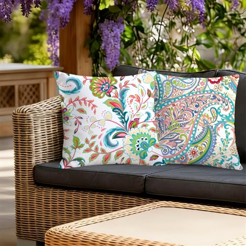 NIGHTWISH Outdoor Waterproof Pillow Covers 18x18 Set of 4 Spring Summer Floral Boho Decorative Outdoor Throw Pillows Paisley Cushion Cases for Patio Furniture Bench Couch Sunbrella