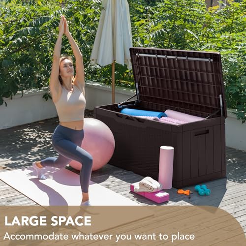 Devoko 100 Gallon Deck Box, Waterproof Resin Outdoor Storage Box with Cushion for Outside and Patio, Large Outdoor Storage Bench Cabinet Lockable for Patio Furniture and Garden Tools (Deep Brown)