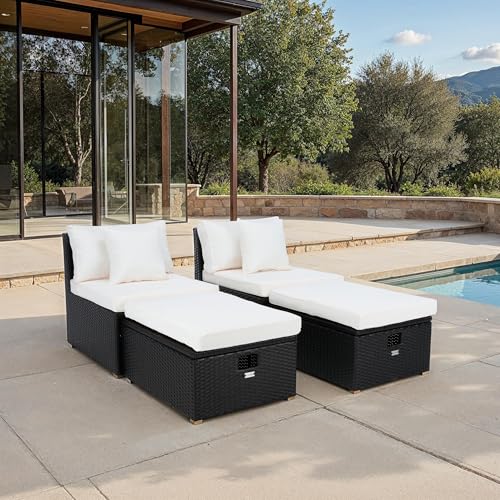 SAFAVIEH Outdoor - Pramla Settee and Ottoman Set - Black & Beige - Steel Frame with Cushion - Coastal Storage Design - Ideal for Patio, Deck, Porch, Backyard (PAT7515A)