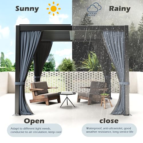 TXGDPIONEER Outdoor Louvered Pergola 10'×13',Aluminum Frame with Adjustable Louvered Roof and Screen,Metal Hard Top Pergola with Waterproof Curtains and Nets for Patio,Backyard,Deck,Grey