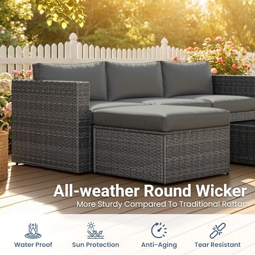 Wisteria Lane 5-Pieces Outdoor Patio Furniture Set, All Weather Wicker Rattan Sectional Sofa, Patio Conversation Set with Cushions & Glass Coffee Table for Backyard Porch Garden Balcony, Grey
