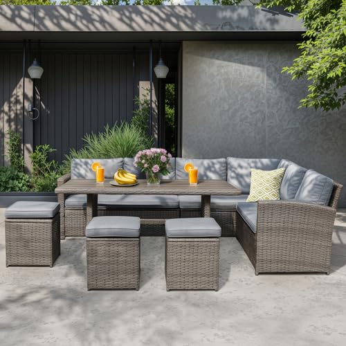 JOIVI Outdoor Patio Furniture Set, 7 Piece Patio Dining Sofa Set, Outdoor Sectional Couch Conversation Set All Weather Wicker Rattan Aluminum Desktop Dining Table & Chair with Ottomans, Gray Cushion
