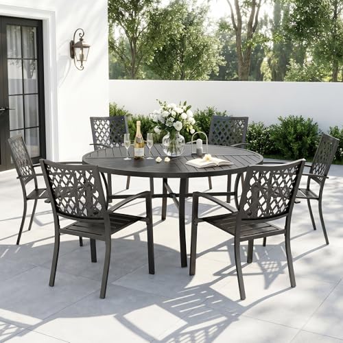 Sophia & William Round Patio Table and Chairs Set, Outdoor Dining Set for 6, 7 Piece Metal Patio Furniture, 54" Black Table(Diamond)