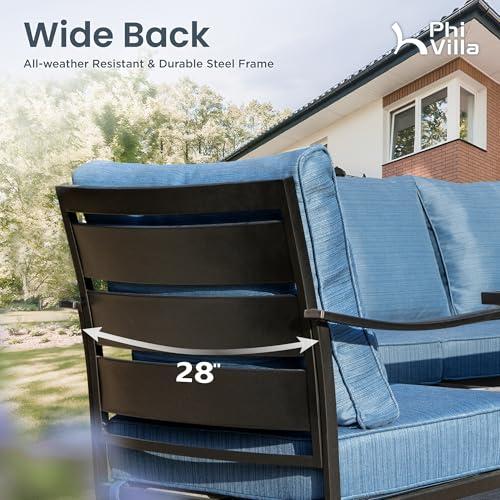 PHI VILLA Metal Swivel Patio Chairs Set of 2, High Back Steel Outdoor Chairs with 5.75" Extra Thick Cushion, 2 Pieces All Weather Deep Seat Outdoor Front Porch Seating Furniture for Deck, Peacock Blue