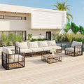 RUNNA Modern Minimalist 7-Piece Metal Patio Sectional Sofa Set, All-Weather Garden Conversational Furniture Set with Thick Cushions and Coffee Table for Indoor Outdoor (Dark Gray Frame+ Brown Ratta)