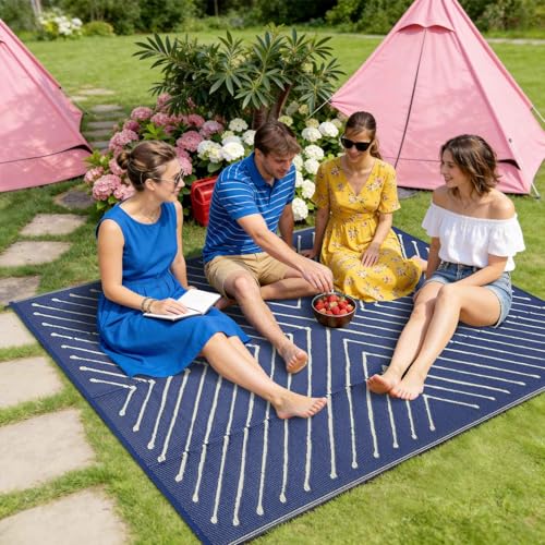 Garvee Striped 5x8 Outdoor Rug Waterproof Reversible Patio Mat, Portable Lightweight Plastic Straw Camping Rug for RV, Balcony, Backyard, Porch, Beach, Picnic, UV Protected & Easy Clean, Navy & White