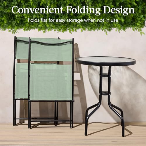 Best Choice Products 3-Piece Patio Bistro Dining Furniture Set w/Textured Glass Tabletop, 2 Steel Folding Chairs, Polyester Fabric - Sage