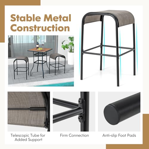 Tangkula Outdoor Bar Stools Set of 2, 30" Bar Height Bistro Stools with Breathable Fabric Seat & Heavy-Duty Metal Frame, Backless Bar Chairs with Curved Seats for Patio, Poolside, Backyard (2, Coffee)