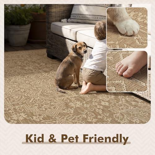 MontVoo-Outdoor Rug-Patio Rug 5x7 ft Polypropylene Indoor Outdoor Rugs Carpet for Patio Deck Balcony Porch, Textured Weave, Durable for High Traffic, Fade-Resistant, Vintage Medallion Neutral Brown