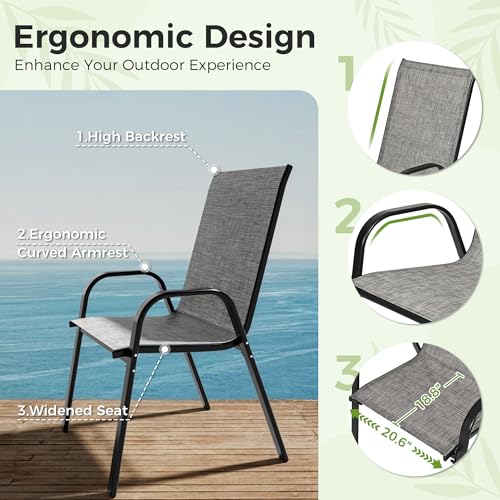 PATIOPIA 7-Piece Outdoor Dining Set, All Weather Patio Table and Chairs Set with Umbrella Hole for 6, Rectangular Steel Slat Table and 6 Textilene Chairs for Garden, Backyard, Poolside and Deck, Grey