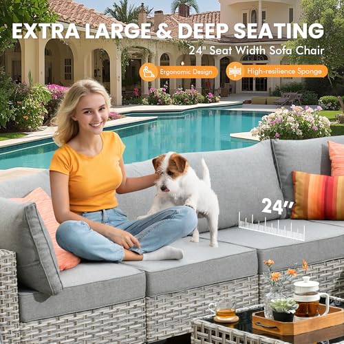 Outdoor Sectional Patio Furniture Set with Fire Pit Table and Swivel Rocking Chairs,11 Pieces Wicker Conversation Sets L Shaped Couch Out Door Sofa Outside Furniture for Garden Deck Yard,Dark Grey