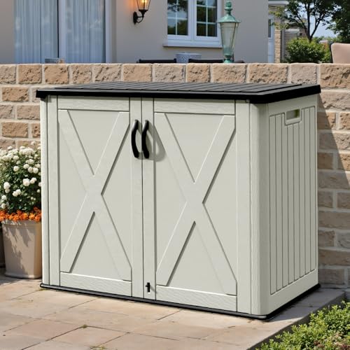 Patiowell 25 Cu.ft Outdoor Storage Cabinet with Lockable Door, Waterproof Horizontal Storage Shed for Tools and Patio Furniture, All-Weather Resin Shed Easy Assemble for Pool or Backyards, Brown