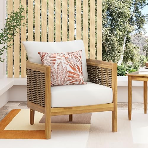 Christopher Knight Home Burchett Outdoor Acacia Wood Club Chair with Cushions, Lounge Chair for Patio Backyard, Stylish Garden Seating, Open Slat Design, PE Rattan Weaving, Brown+Beige