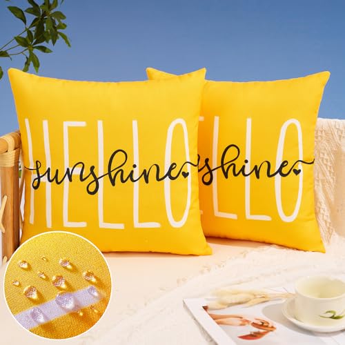 DFXSZ Outdoor Pillow Covers 18x18 Inch Set of 2 Hello Sunshine Decor Yellow Waterproof Summer Outdoor Waterproof Pillow Covers Decor for Patio Funiture Garden Sofa Couch 020B18