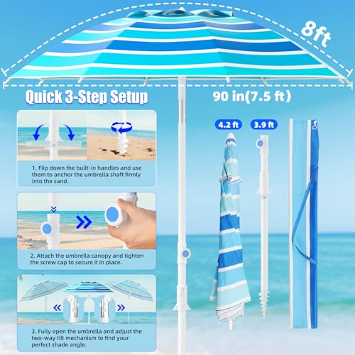 Alfolive 8FT. Large Beach Umbrella with Heavy Duty Sand Anchor & Tilt Sun Shelter, UPF50+ UV Protection, Wind Resistance, Waterproof Canopy, Portable for Beach Outdoor Patio Yard Garden Pool, Blue