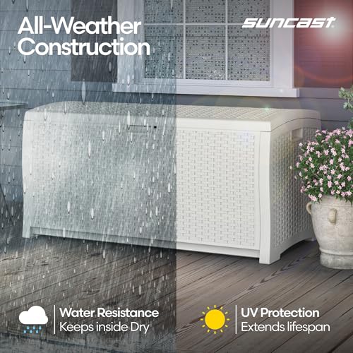 Suncast 99 Gallon Wicker Horizontal Outdoor Deck Box with Hinged Lid, Water-Resistant Storage Solution for Patio, Deck, Yard, and Garage, White, Made in the USA