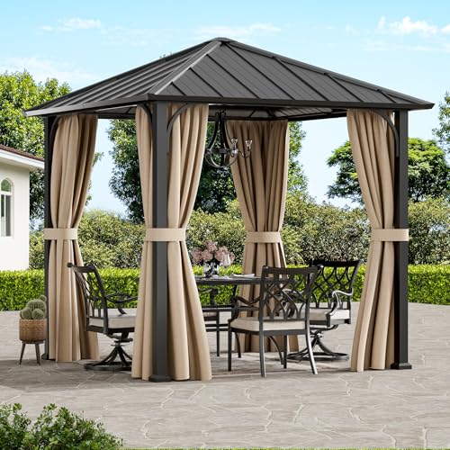 Modern Shade 8'x8' Hardtop Gazebo with Galvanized Steel Roof, Permanent Metal Gazebo with Detachable Curtains, Outdoor Hard Top Gazebo for Backyard, Deck, Garden, All-Weather Patio Cover