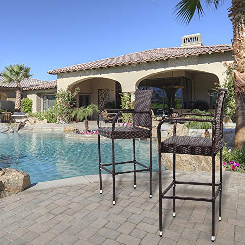 VINGLI Outdoor Bar Stools Set of 2, All-Weather Wicker Outdoor Barstools with Cushion, Patio Bar Stools for Garden Pool Lawn Backyard