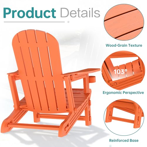 Shintenchi Adirondack Chairs Set of 2,HDPE Adirondack Chairs w/Removable Tablelop & Umbrella Hole,All-Weather Wooden Textured Plastic Outdoor Chairs w/Cup Holders for Garden Backyard Pool,Orange
