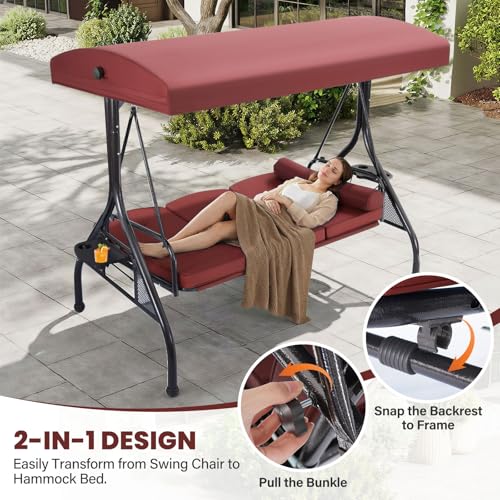 3 Seat Outdoor Porch Swing with Adjustable Canopy,2 in 1 Patio Swing Bed with Stand 800lbs for Adults,Outdoor Swing with Removable Cushion, Cup Holder ＆4 Pillow for Backyard, Porch, Garden，Red