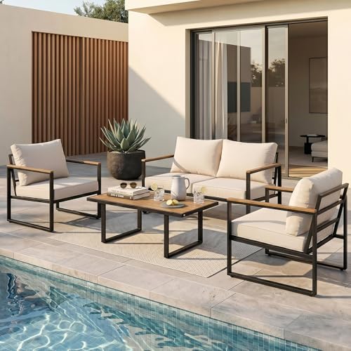 Xiacare Modern Patio Furniture Set, 4 Pieces Outdoor Conversation Set with Coffee Table, Metal Patio Furniture with 4" Washable Foam Cushions, Ships in 1 Box, Beige