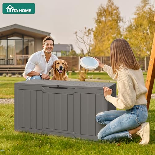 YITAHOME 80-Gallon Waterproof Resin Outdoor Storage Box, Lockable Storage Container for Outdoor Furniture, Cushion Storage, Pool Accessories, Garden Tools and Sporting Gear, Taupe
