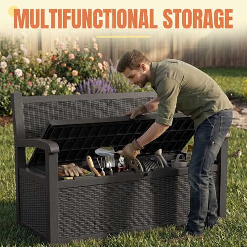 ATMELT Storage Bench Outdoor Deck Box,100 Gallon Waterproof & UV Resistant Lockable Patio Furniture Seating.Indoor/Outdoor Shoe Storage Cabinet for Garden Cushions,Tools,Patio,Pool Supplies(Black)