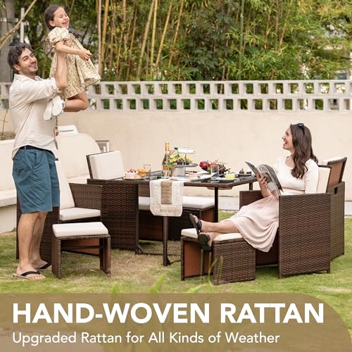 Devoko 9 Pieces Patio Dining Sets Outdoor Space Saving Rattan Chairs with Glass Table Patio Furniture Sets Cushioned Seating and Back Sectional Conversation Set (Beige)