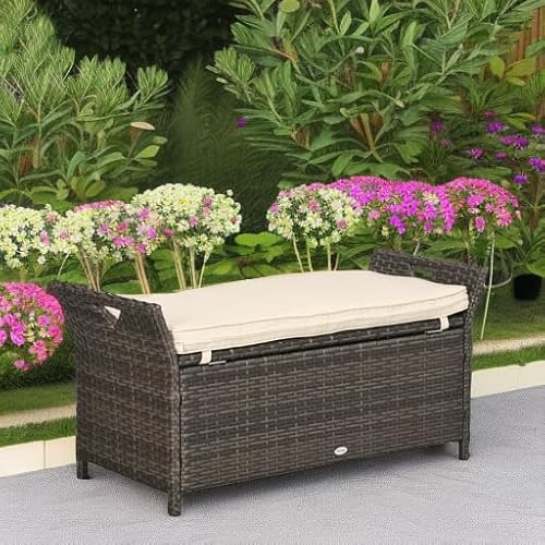 Outsunny 29 Gallon Patio Wicker Storage Bench, Outdoor PE Rattan Furniture, 2-in-1 Large Capacity Rectangle Garden Storage Box with Handles and Cushion, Cream White