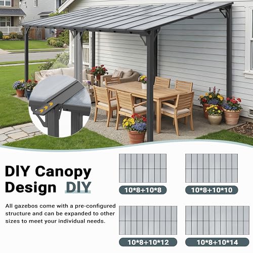 AirWire 10'x8' Wall-Mounted Lean to Gazebo with Aluminum Frame & Polycarbonate Panel, 8x10 FT Hardtop Pergola with Sloped Roof for Backyard, Porch, Deck
