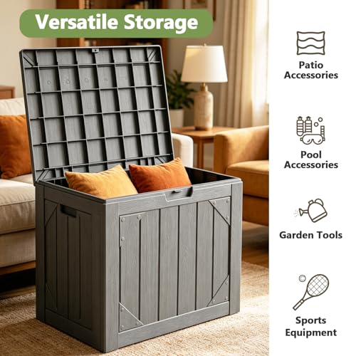 MAKE CHANGES Outdoor Storage Box,30 Gallon Deck Box Outdoor Storage Bench Outside Waterproof Resin Storage Bench, Lockable Patio Cushions, Garden Tools Storage For Furniture, UV Resistant(Gray