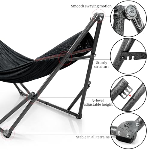 Tranquillo Universal Hammock Stand 600 lbs Capacity, Instant 20s Foldable, 3-Year Warranty Hammock with Stand, 2 Person Camping Revolutionary Portable No Screws, Premium Hammocks, Black