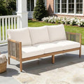 Christopher Knight Home Outdoor Acacia Wood 3-Seater Sofa, 76'' Upholstered Cushion Couch, Patio Acacia Wood Bench Sofa, Spacious Outdoor Seating Bench Couch for Garden Porch Balcony, Teak+Beige