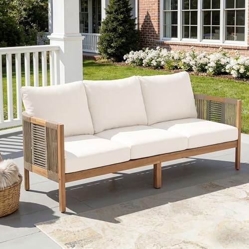 Christopher Knight Home Outdoor Acacia Wood 3-Seater Sofa, 76'' Upholstered Cushion Couch, Patio Acacia Wood Bench Sofa, Spacious Outdoor Seating Bench Couch for Garden Porch Balcony, Teak+Beige