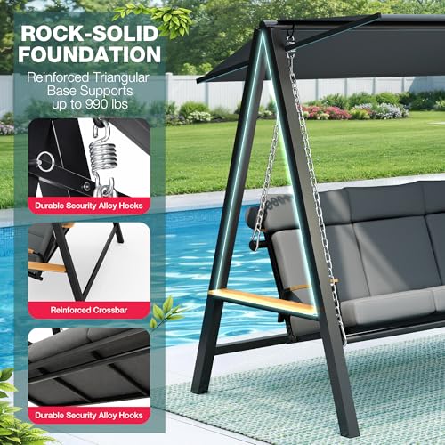 Pamapic 3-4 Seat Porch Swing with Stand, 990lbs Heavy Duty Outdoor Swings for Adults with 4“ Thick Cushions, Breathable Textilene Mesh Base, Adaptive Pillow, Adjustable Canopy, Side Trays for Backyard