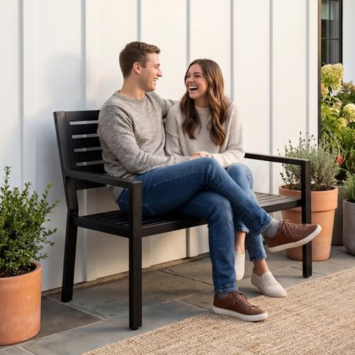 Best Choice Products Outdoor Metal Bench Patio Garden Bench, Heavy Duty 790lb Capacity, Steel Slatted Seat Porch Bench with Armrests, Weather Resistant Park Bench