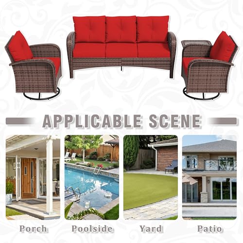 Qsoer 4 Piece Patio Conversation Set - 2 Swivel Chairs 1 Coffee Table 3-Seater Sofa, PE Wicker & Steel Patio Furniture with Heavy-Duty Steel Frame,Weatherproof Cushions, Red