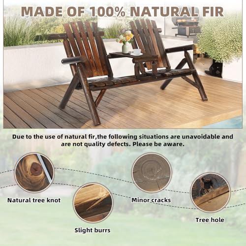 EPICOZY Outdoor 2-Person Wooden Adirondack Bench, Conversation Furniture Set with Patio Rustic Loveseat & Built-in Table, Carbonized Garden Bench Fire Pit Chair for Backyard Porch Pool Deck
