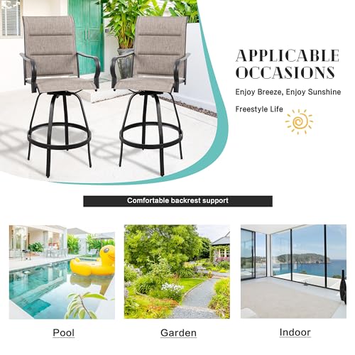 Vongrasig 2 Piece Outdoor Patio Swivel Bar Chairs, All Weather Padded Sling Textile High Top Bar Stools, Bistro Set for Backyard, Lawn Garden, Balcony, Gray