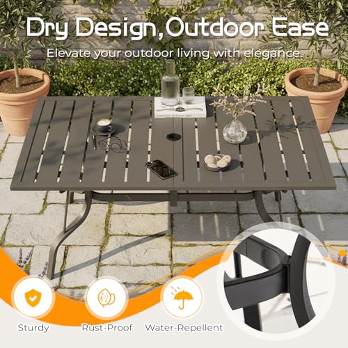 EROMMY 7-Piece Outdoor Patio Dining Set, 6 Wicker Swivel Rocking Chairs with 4" Cushions, Rectangular Table with Adjustable Umbrella Hole for Backyard, Deck, Black