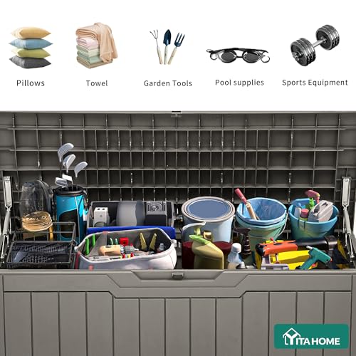 YITAHOME 80 Gallon Resin Deck Box, Waterproof Outdoor Storage Box, Lockable Indoor Outdoor Storage Bench for Supplies and Essentials, Taupe