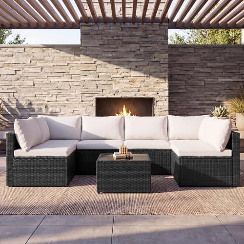Sweetcrispy 7-Piece Outdoor Patio Sectional Sofa, Modular PE Wicker Outdoor Sectional with Thick Cushions, Rattan Patio Sofa Set with Coffee Table for Backyard, Poolside, Garden, Deck, Brown