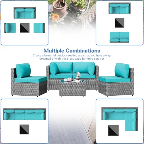 Shintenchi 5 Pieces Outdoor Patio Furniture Sets, Patio Sectional Sofa Couch, Gray PE Wicker Furniture Modular Patio Conversation Sets Patio Sofa with Washable Cushions & Table（Blue）