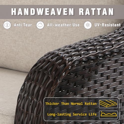 Qsoer 3 Piece Patio Wicker Bistro Set, 2 All-Weather Use Outdoor Wicker Swivel Chairs with PE Rattan Side Table,Ideal for Porch, Backyard, Balcony, Poolside, Beige