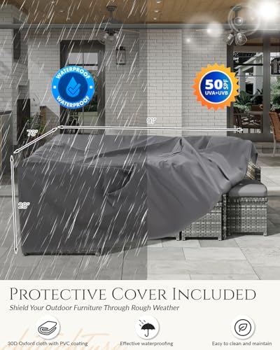 U-MAX 7 Pieces Patio Furniture Set with Waterproof Cover, Outdoor Sectional Sofa Conversation Set, All Weather Wicker Rattan Dining Table & Chair with Ottoman, Grey Rattan&Grey Cushion