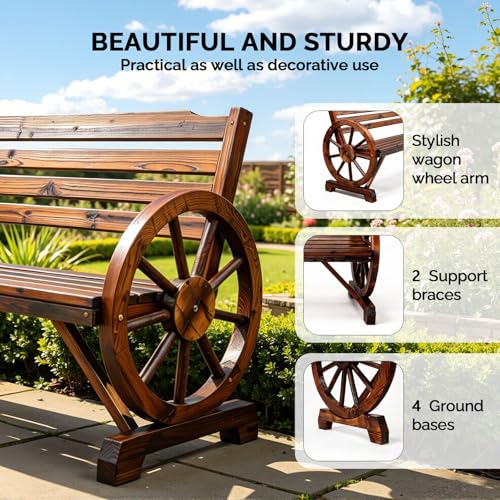 VINGLI Rustic Wooden Wheel Bench Outdoor Bench, Patio Bench Wagon Slatted Seat, Garden Benches for Outdoors 350lbs High Capacity, Weather Resistance (Rustic, 55in)