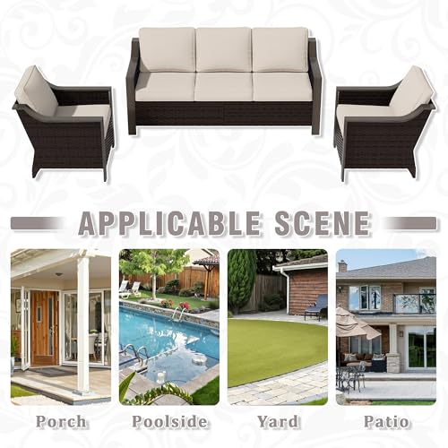 Qsoer 3 Piece Wicker Patio Conversation Set, All-Weather Use Outdoor Wicker Sofa with 2 PE Rattan Chair, Removable Water-Resistant Cushion, Ideal for Porch, Backyard, Balcony, Poolside, Beige