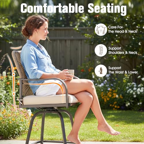 GOOGIC Outdoor Bar Stools Set of 4, 360° Swivel Metal Frame, Wicker Patio Bar Height Stools with Cushion, All-Weather Rattan Chair Design for Patio Backyard, Lawn Garden, Balcony, Poolside